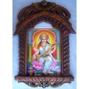  Godess Saraswati with her saraswati veena poster in Wood 