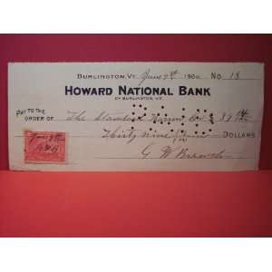  Howard National Bank of Burlington Vt. check June 9th 1900 