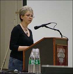 Mary Doria Russell speaking at a conference of the American Library 