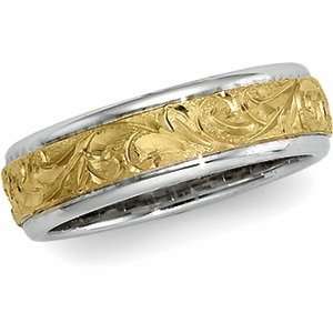   Ring Ring. Size 09.00 Two Tone Hand Engraved Band In 18K Yellow