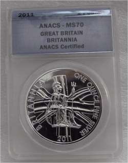 2011 BRITANNIA 2 POUND SILVER COIN ANACS MS70 GEM  
