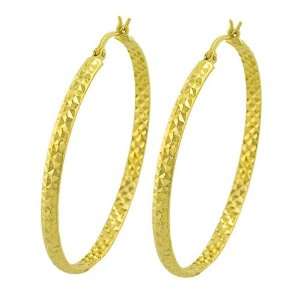  14 Karat Yellow Gold 3x40 mm Diamond cut Hoop Earrings 