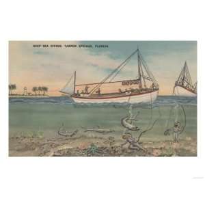   FL   View of Boat & Deep Sea Diver Giclee Poster Print