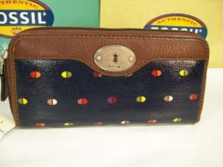 FOSSIL WALLET KEY PER ZIP CLUTCH BLUE DOT COATED FABRIC NWT  