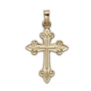 14K Gold Christian Fleur D Li Cross Pendant Necklace Y  