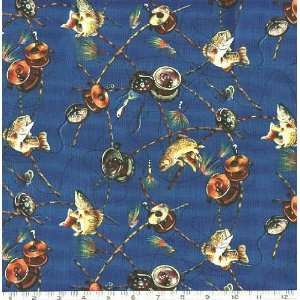   Fishing Fly Fishing Dk.Blue Fabric By The Yard Arts, Crafts & Sewing