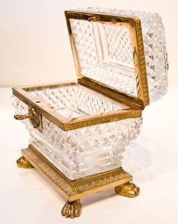Antique Gilt Bronze Crystal Dresser Box Jewelry Casket  