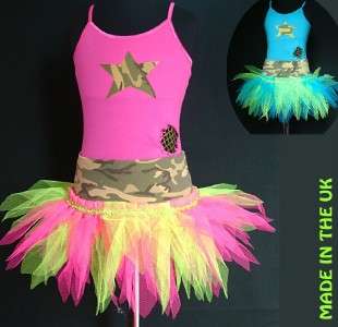 GIRLS ARMY THEME NEON DANCE OUTFIT FANCY DRESS TWIRLING  