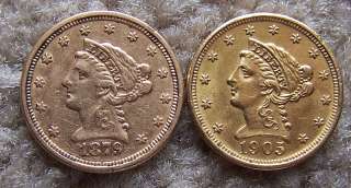 1879 and 1905 $2.50 US Gold quarter eagle coins   EF details, light 