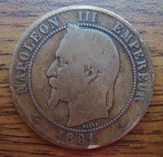 1861 A FRANCE 10/DIX CENTIMES BRONZE COIN NAPOLEON III  
