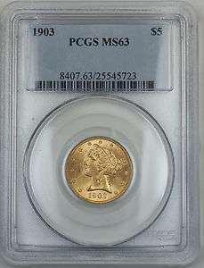 1903 $5 Liberty Gold Coin, PCGS MS 63, Half Eagle  