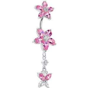 Sterling Silver 925 Pink Cubic Zirconia Dual Lily Butterfly Belly Ring