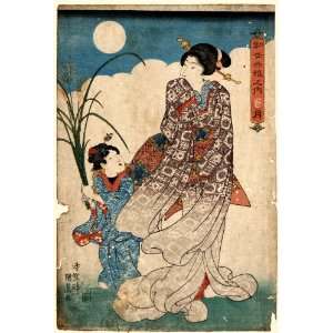 Print woman and a young girl looking at a full moon. Tsukiyo ni sumo 