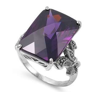   Cut Amethyst CZ Cocktail Ring Accented with Marcasite Stones   Size 9