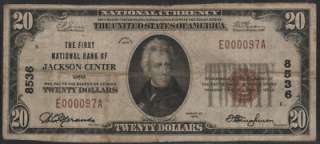 THE FIRST NATIONAL BANK OF JACKSON CENTER {VG} OHIO $20  