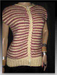 Vtg 80s HANDKNIT Pure RAW WOOL Wine Cowichan Style Gillet SLEEVELSS 