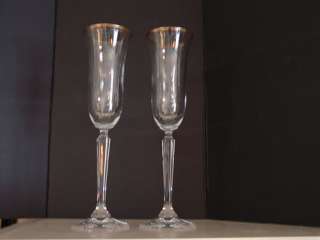 Pair Crystal Champagne Flutes Glasses Gold Trim  
