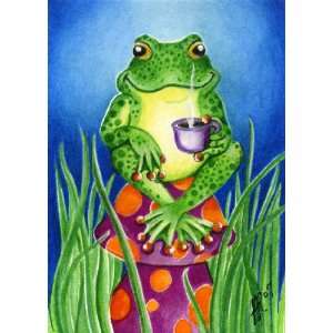 Morning Joe Coffee Frog Original Art Painting LIMITED Print ACEO 2.5 x 