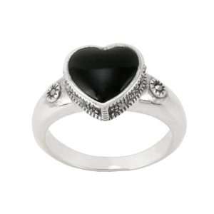  Sterling Silver Marcasite Onyx Heart Ring, Size 6 Jewelry