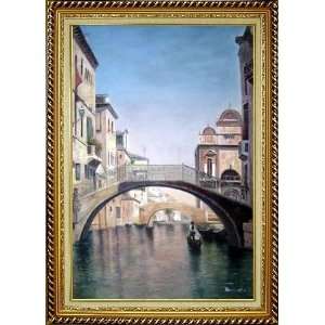 Small Boat Across Bridge in Venice Water Canal Oil Painting, with 