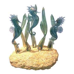 Triple Green Seahorse Glass Sculpture (Green Reeds) on Coquina Rock 