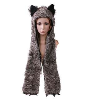 Multifunctional Cartoon Animal Timber Wolf Plush Soft Warm Cap Hat 