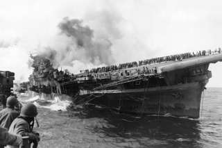 USS FRANKLIN Fire, Hit Japanese Air Attack   WWII Photo  