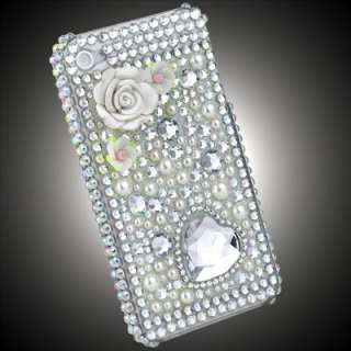 3D White Flower Heart Crystal Bling Rhinestones Hard Case for iPhone 
