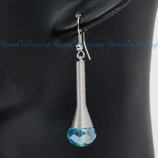 Silver Blue Rhinestone Beads Stripe Hook Dangle Earrings A483  