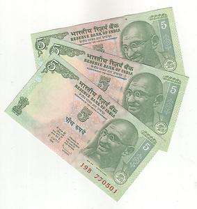 Lot Of 3   GANDHI ON 5 RUPEES INDIA BANK NOTE   UNC   