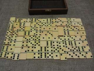   Set w Wood Box Hardwood Game Antique Old Domino Bakelite? 6911  