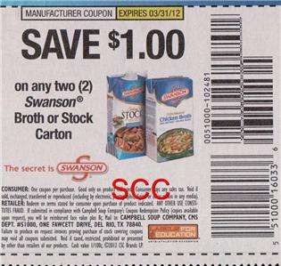 15 Swanson Broth or Stock Cartons Coupons $1.00/2 3/31/12  