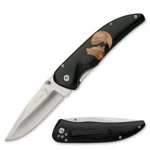  MC Folder Knife Black Handle With Burl Wood Wolf Moon Inlay 