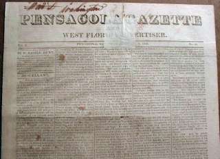 RARE Orgnl 1829 Pensacola FLORIDA TERRITORIAL NEWSPAPER Pre Statehood 
