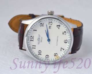 Simple White Dial Arabic Brown Leather Auto Mechanical Men Lady Wrist 