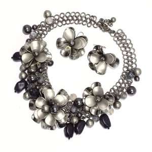   Brushed Silver Metal; Black And Gunmetal Beads; Lobster Clasp Closure