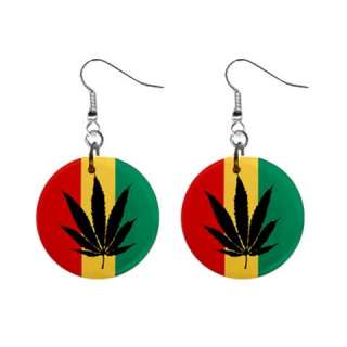 New 1 Button Earrings Rasta Marijuana Weed Leaf ER019  
