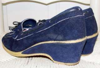   Navy Blue Suede Leather BOHO Wedges Kiltie Lace Up Shoes 6.5  