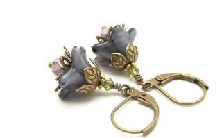 Earrings Black Vintage Flower Purple Glass Dangle Rose Antiqued Golden 