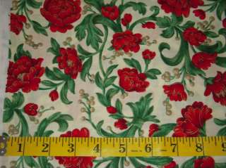 Vtg Red Peonies & Green Leaves On Ecru Cotton Fabric By the Yard 