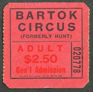 Bartok Circus Adult Admission Ticket undated  