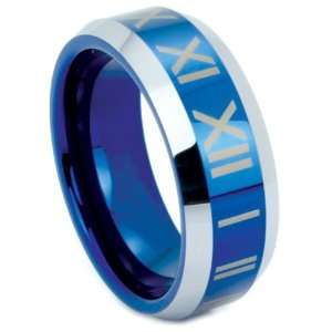  8mm Blue Roman Numeral Tungsten Carbide Band in Size 9 