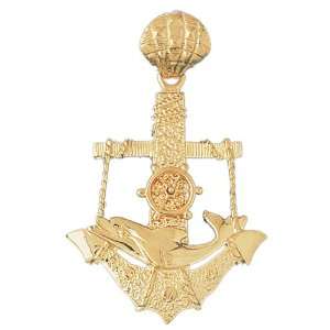   Gold Anchor With Dolphin And And Moveable Ships Wheel Pendant Jewelry