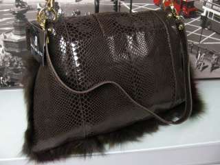 NWT $465 BILL BLASS Aiden Leather Fox Fur Snake Handbag Purse Bag 