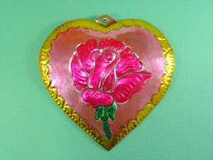 Mexican Tin Milagro Sacred Heart with Rose Ex Voto  