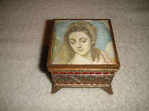   Metal Jewelry Or Trinket Box La Vierge Marie Ornate Etching Fabric Top