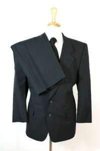 mens black pinstripe ANDRE VACHON 2pc suit wool business executive 