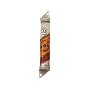  Semicircle Pewter Mezuzah with Swirls, Leaves, Bead and 