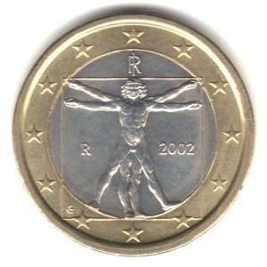   Italy Bi metallic 1 Euro Coin KM#216   Leonardo da Vinci Vitruvian Man