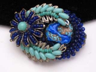 Vintage MIRIAM HASKELL Azurite Glass Bead Brooch Pin Earrings SET 